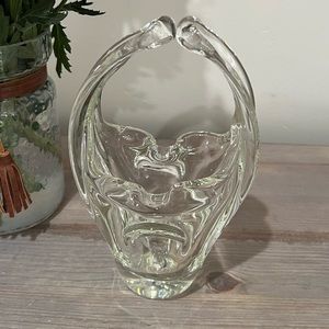 Murano clear glass basket with handle. Measures 8.5” tall.